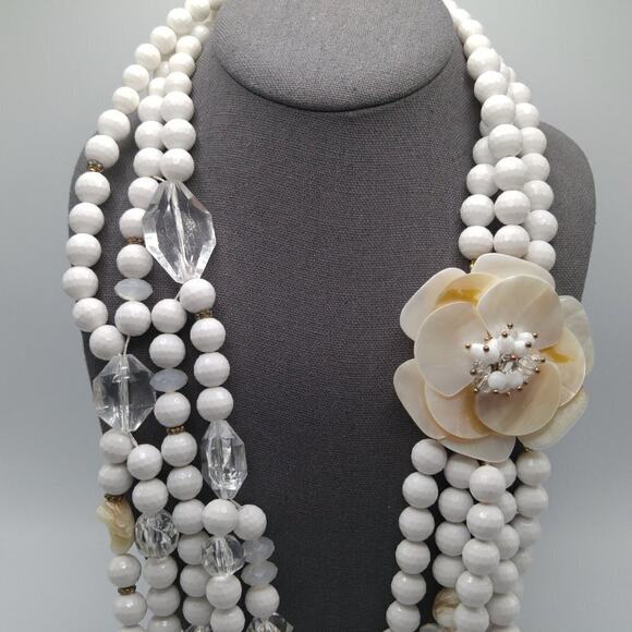 Vintage White Clear Glass Bead Necklace, Shell Flower Pendant, 27 Inches - Picture 2 of 10